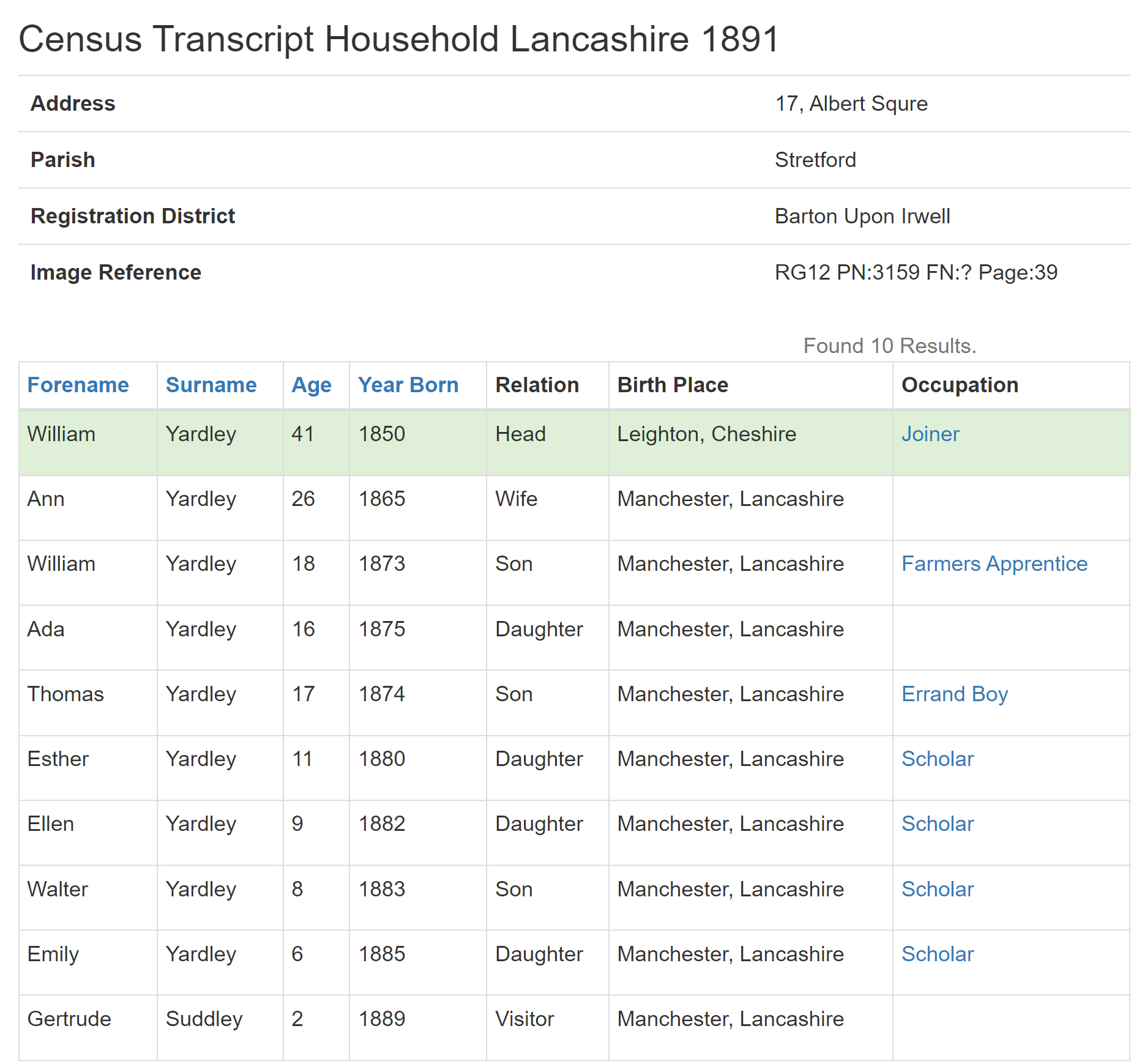 Hannah 'Ann' Yardley  and her new step-children on Lancashire 1891  census