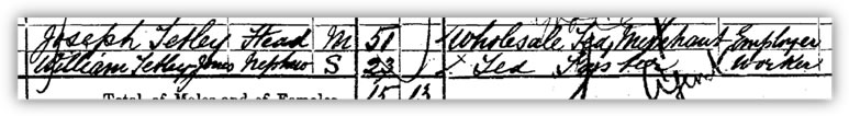 Joseph Tetley on the 1901 Sussex census with his nephew William Tetley-Jones, employed as a 'Tea Taster' whilst learning the ropes of the business