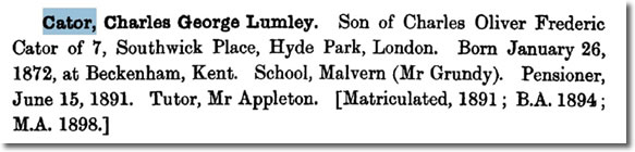 Charles Lumley Cator  in the Cambridge Trinity College Admissions Vol.V 1851-1900 on www.TheGenealogist.co.uk