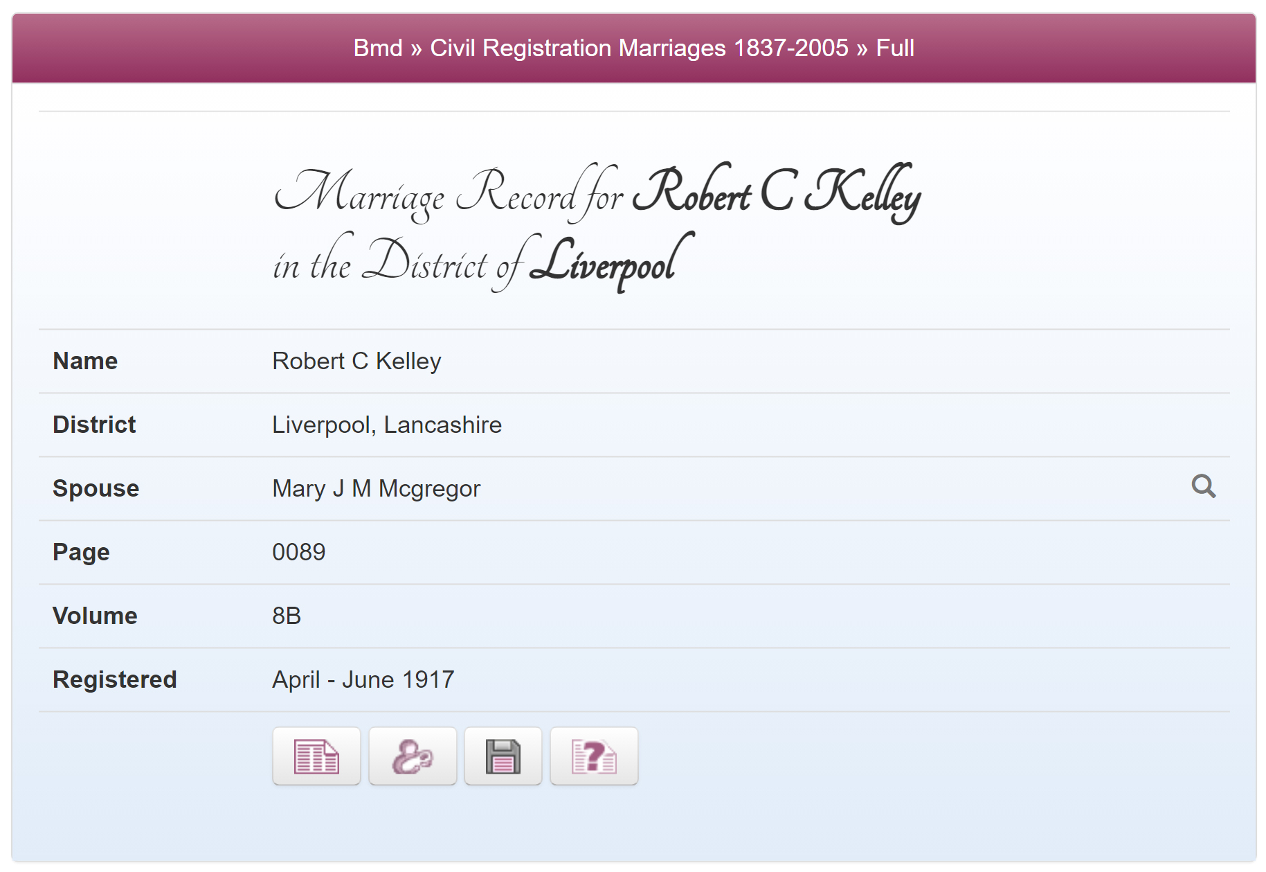 Robert and Jessie's marriage record