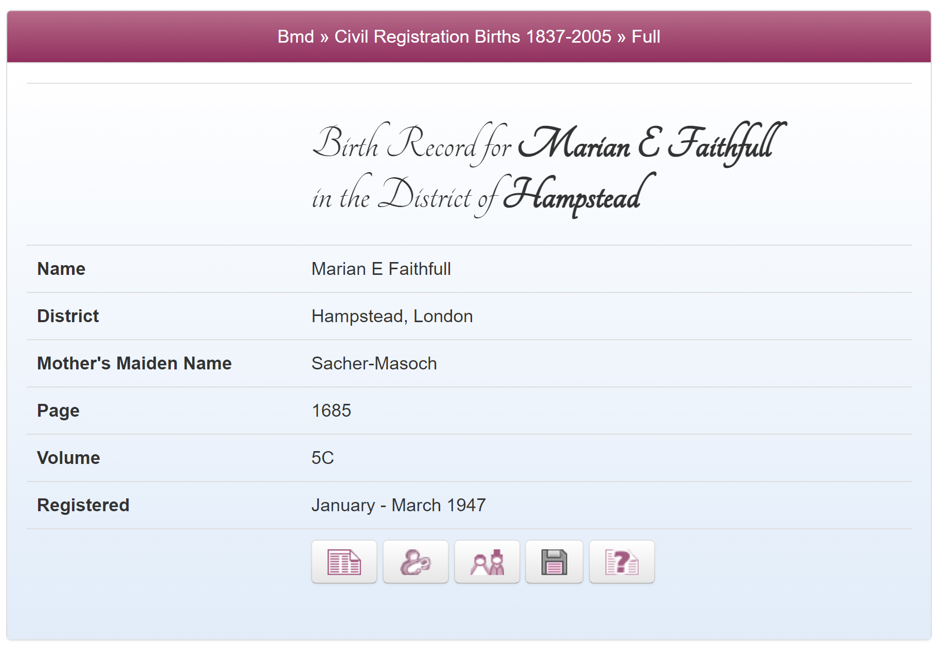 Birth Record for Marianne Faithfull