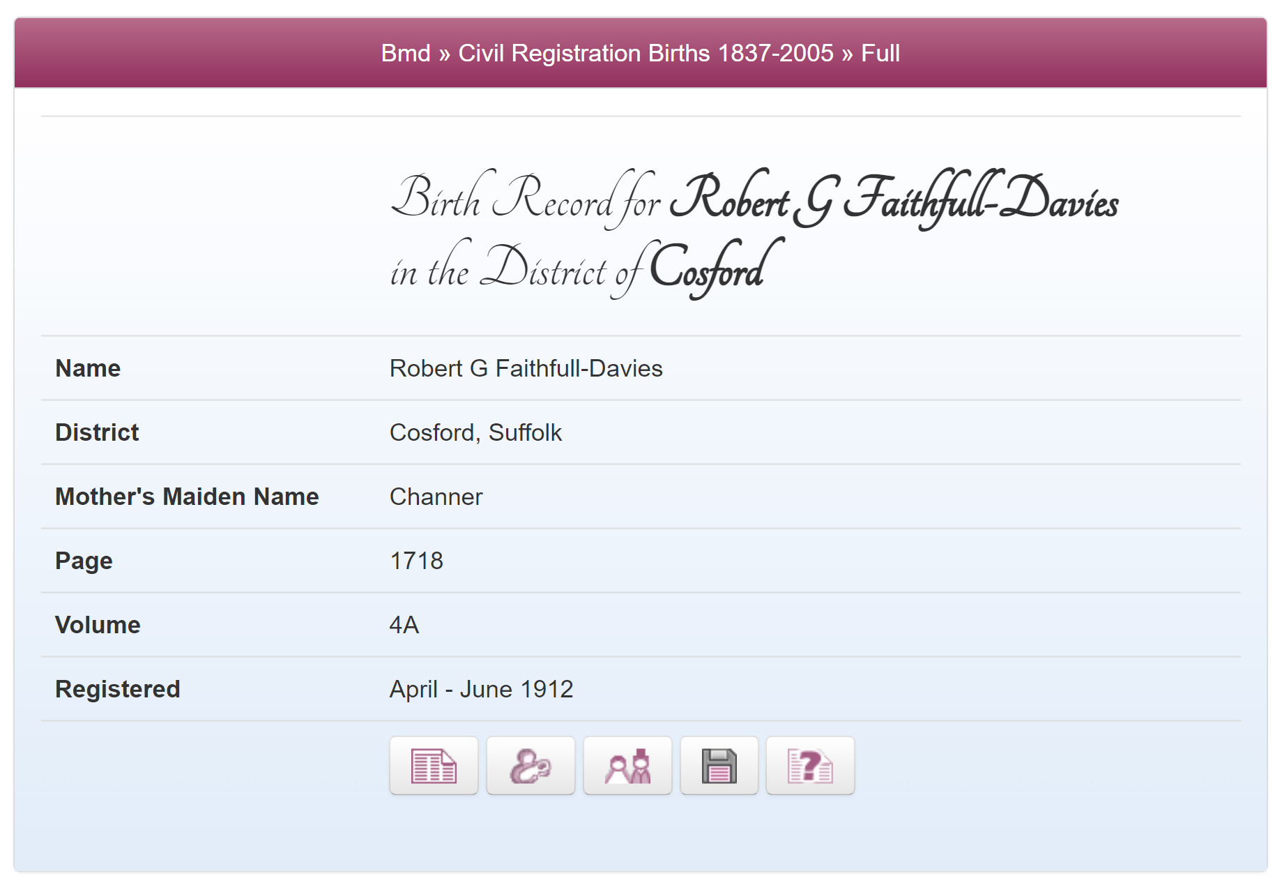 Birth Record for Robert Faithfull Davies