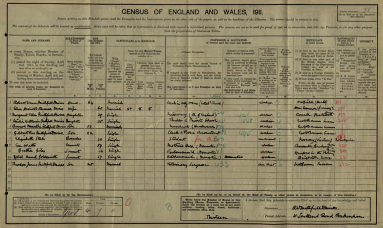 Robert Venn Faithfull Davies and family in the 1911 Census