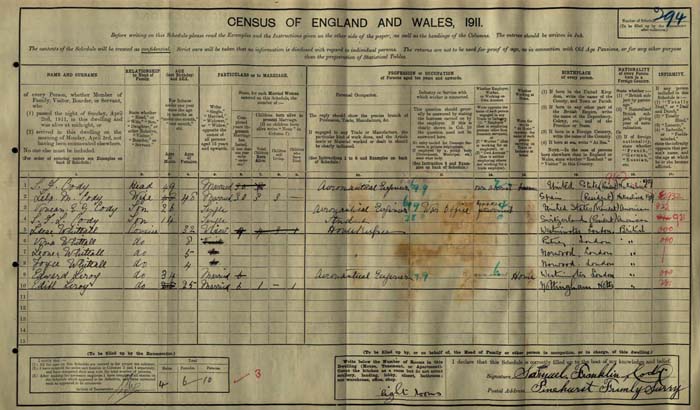 Cody and family on the 1911 census