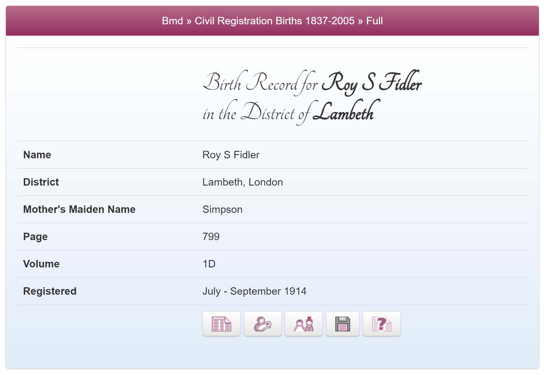 Birth record for Roy Simpson Fidler, John's father