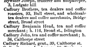 The Cadbury Brother's in White's1849 Directory for Birmingham