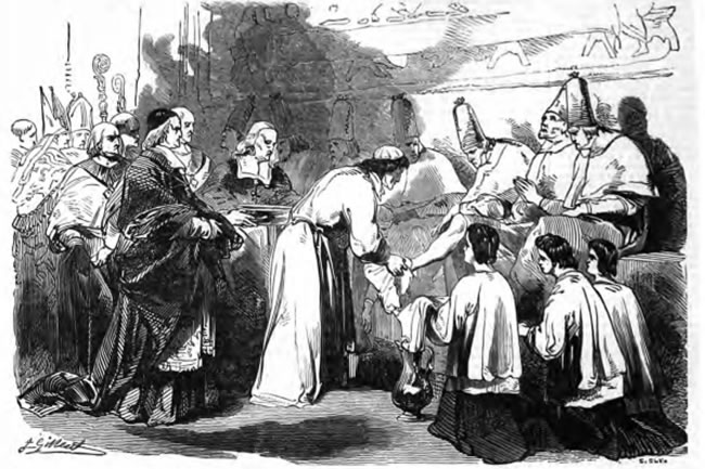 Holy Thursday - The Pope washing the feet of poor priests