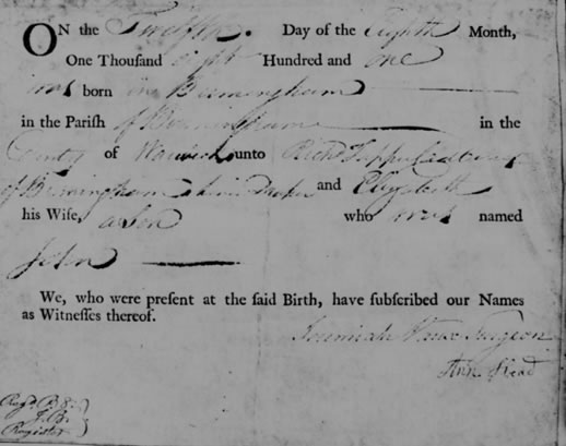 John Cadbury's birth certificate