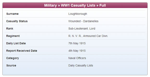 Casualty Record of Lord Loughborough at TheGenealogist.co.uk