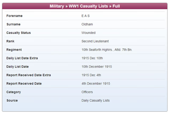 Eustace Oldham's Casualty Record at TheGenealogist.co.uk