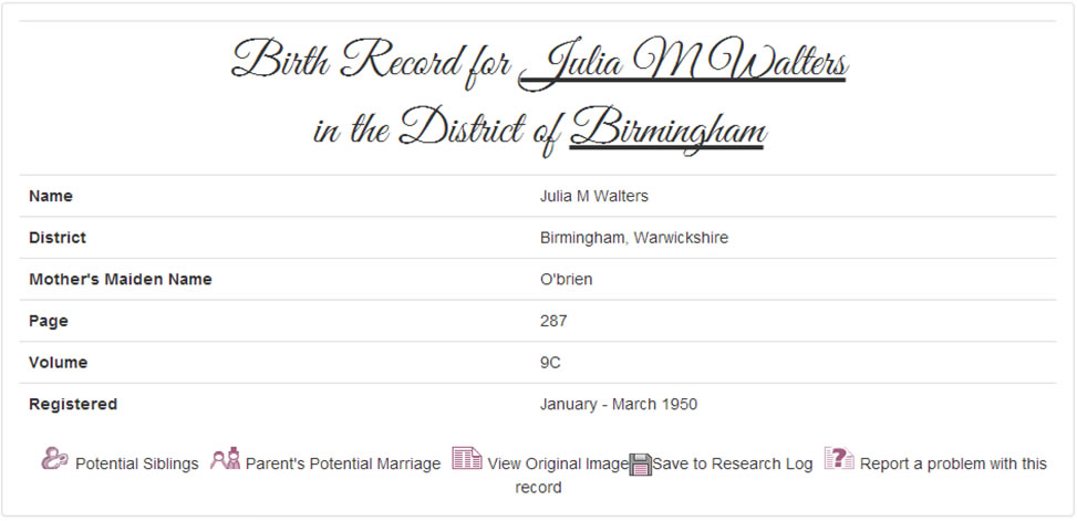 Julie Walter's Birth Record at TheGenealogist.co.uk