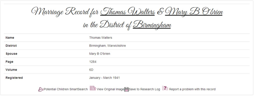 Thomas Walters & Mary O'Brien's Marriage Record at TheGenealogist.co.uk