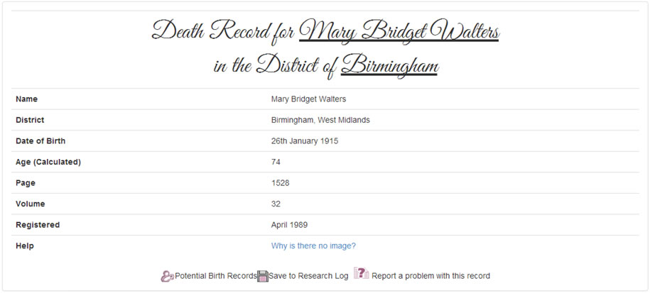 Mary O'Brien's Death Record at TheGenealogist.co.uk