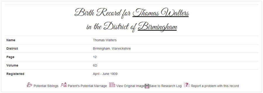 Thomas Walters Jnr's Birth Record at TheGenealogist.co.uk