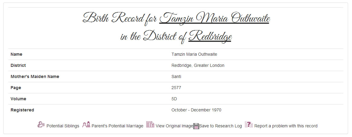 Tamzin's birth record at TheGenealogist