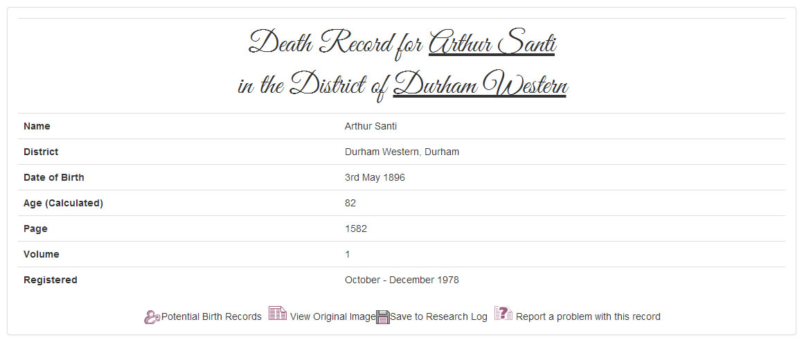 Adelmo Santi's Death Record at TheGenealogist