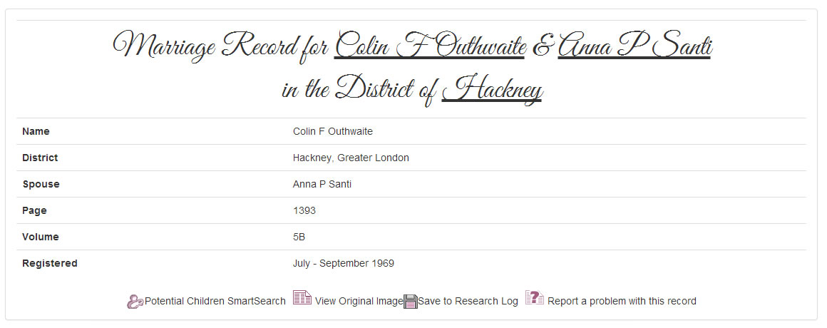 Colin and Anna's marriage record at TheGenealogist