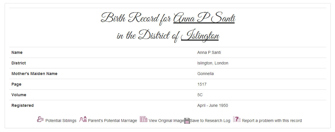 Anna Santi's birth record at TheGenealogist