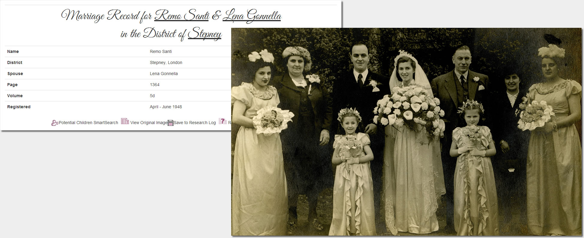 Remo and Lena's marriage record at TheGenealogist