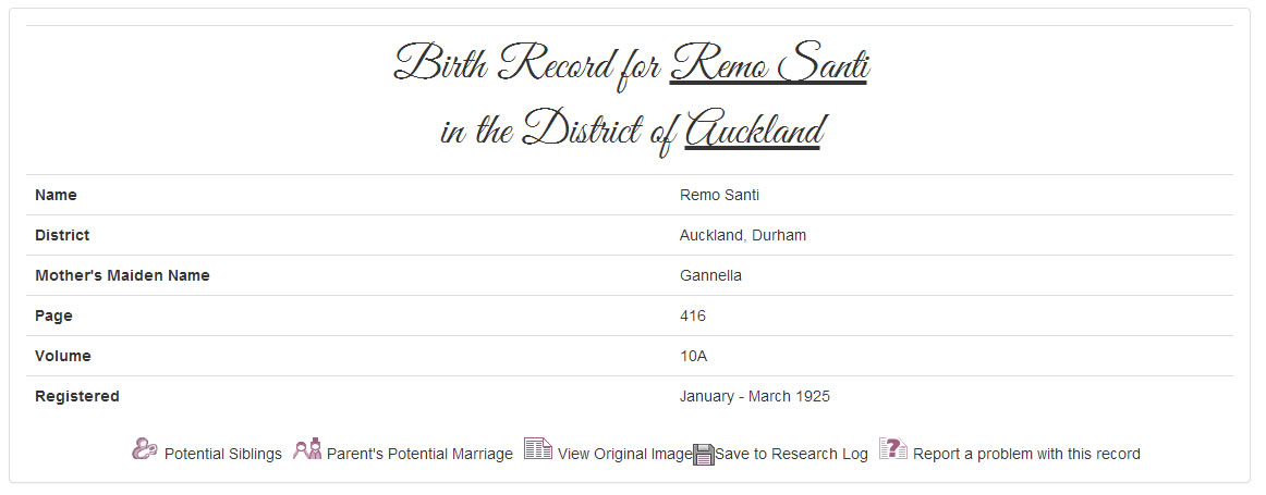 Remo Santi's birth record at TheGenealogist