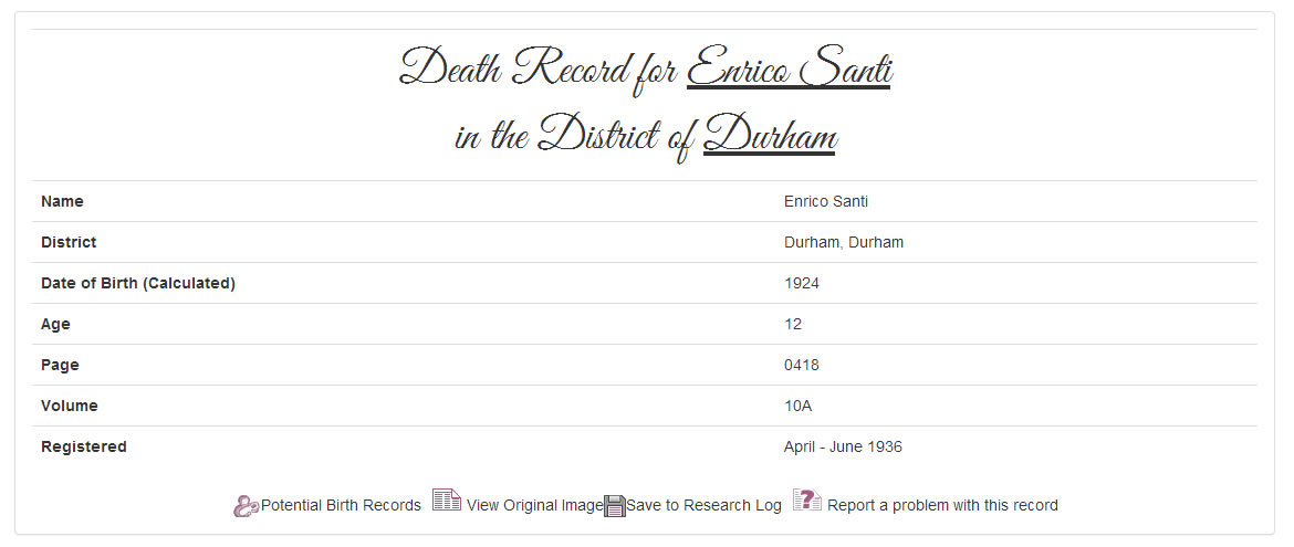 Enrico's death record at TheGenealogist