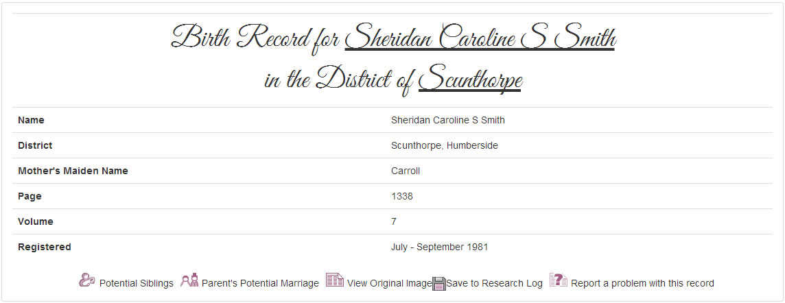 Sheridan's birth record