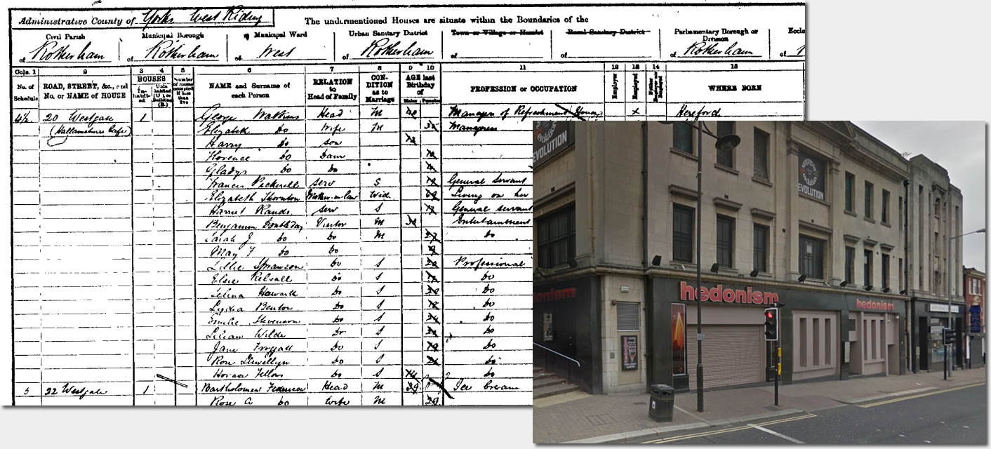Benjamin & Sarah in the 1891 Census (left), and 20 Westgate Street today (right).
