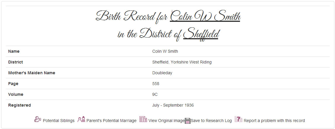 Colin Smith's birth record