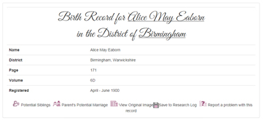 Here is a copy of the birth record for Alice, born in Birmingham, into a large family.