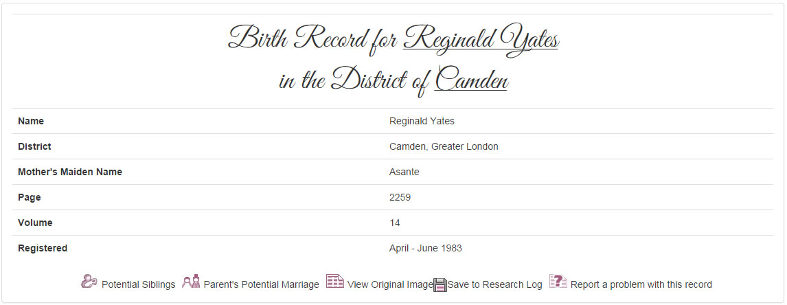 Reggie's birth record