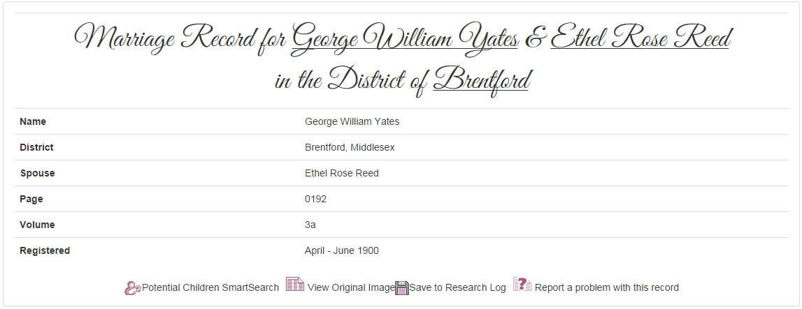 George & Ethel's marriage record