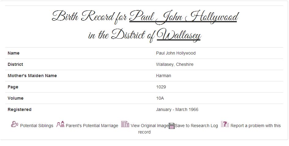 Paul's birth record at TheGenealogist.co.uk