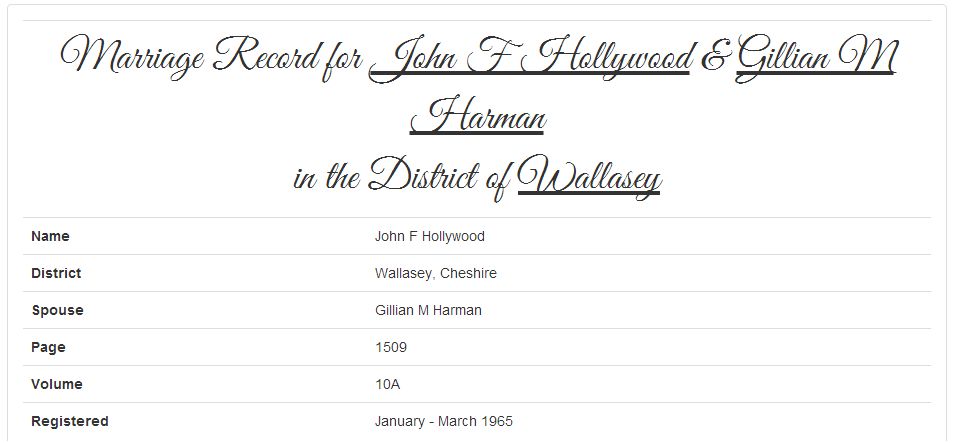 John Hollywood & Gillian Harman's marriage record at TheGenealogist.co.uk
