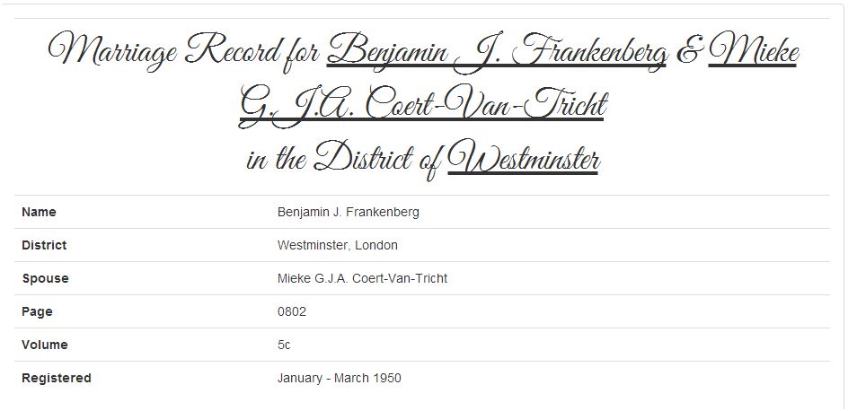 Benjamin "John" Frankenberg & Mieke Van Trigt's marriage record at TheGenealogist.co.uk
