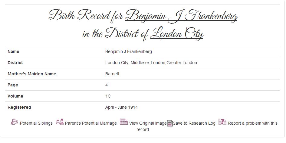 Benjamin Frankenberg's birth record at TheGenealogist.co.uk