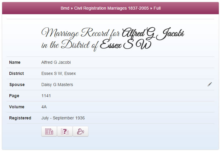 Marriage  record for Alfred Jacobi & Daisy Masters