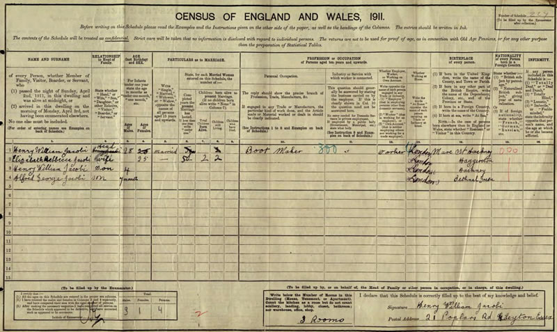 1911  Census entry for Henry William Jacobi