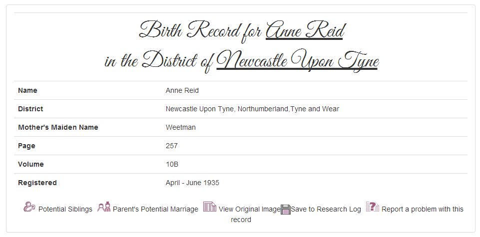 Birth Record for Anne Reid (from TheGenealogist.co.uk)