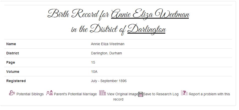 Annie Weetman's birth record