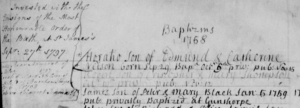 Horatio Nelson's baptism in 1758, from the Norfolk Parish Registers on TheGenealogist