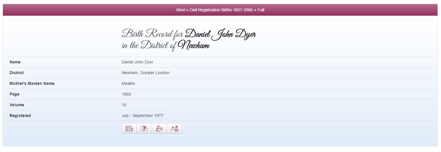 Danny Dyer's birth record at TheGenealogist.co.uk