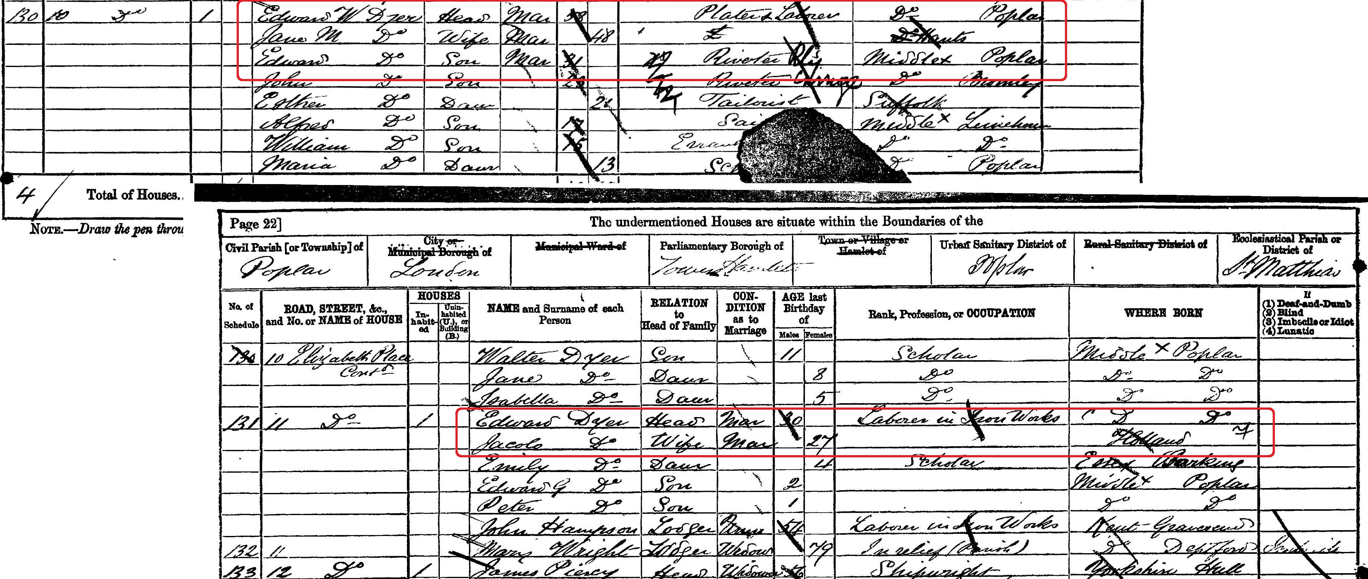 Two listings in the Census at TheGenealogist.co.uk for Danny's great grandfather at 10 and 11 Elizabeth Place, Poplar.