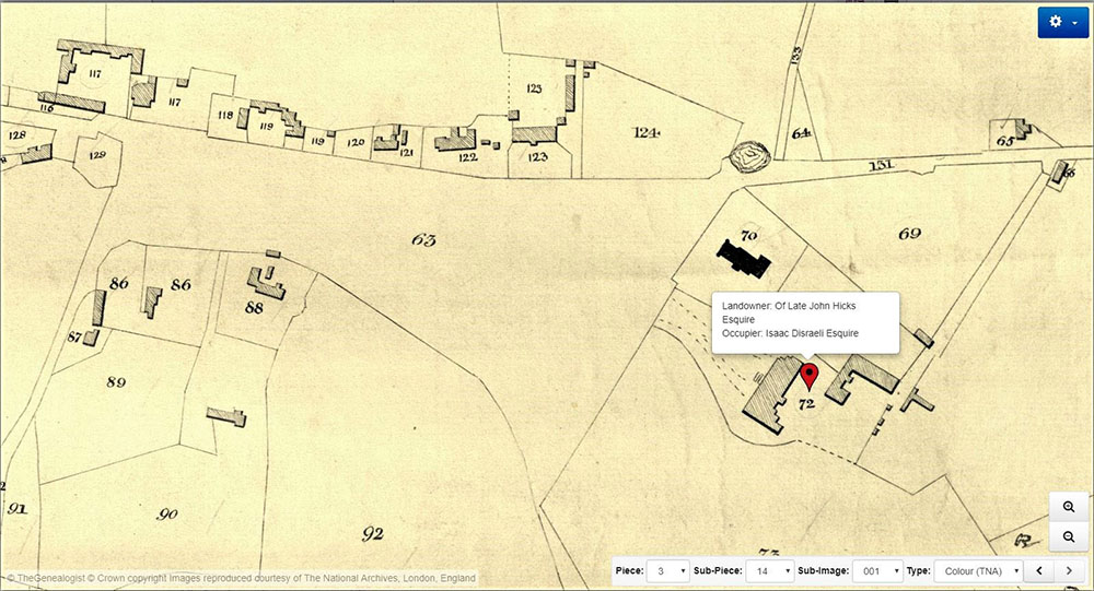 Colour tithe map of Bradenham on TheGenealogist showing the manor (plot 72) and the churchyard (plot 70) with the church shaded black
