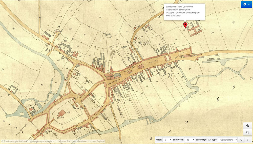The 1847 Buckingham tithe map with the workhouse indicated at plot 33
