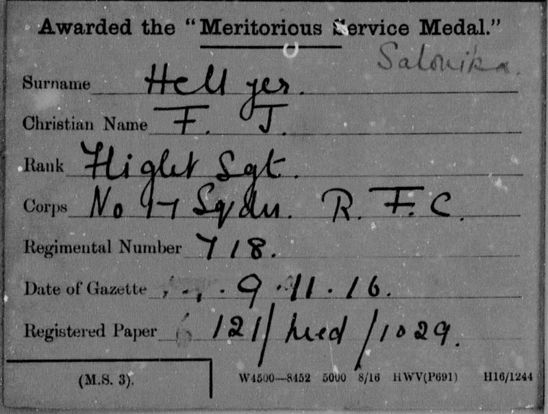 Flight Sergeant F J Hellyer MSM medal card on TheGenealogist