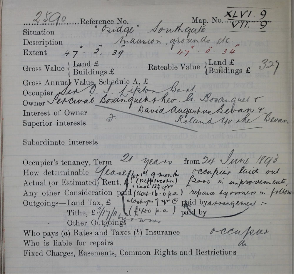 Field book revealing owners and the occupier of the property