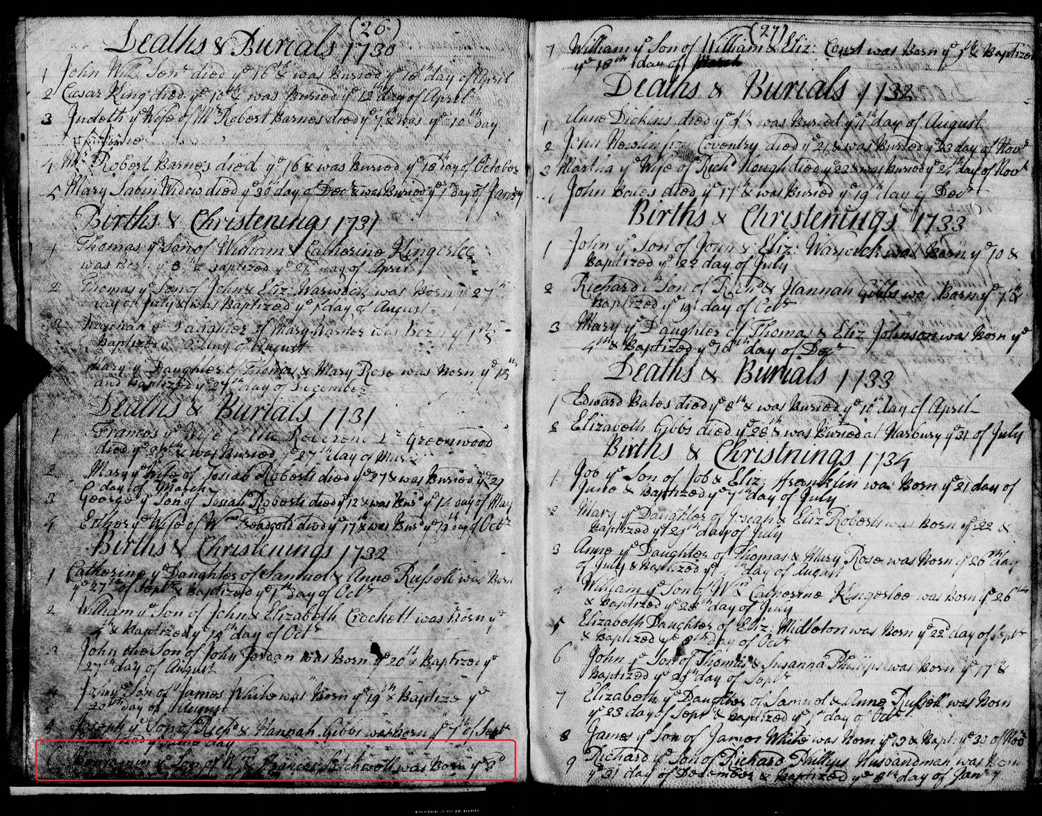 The combined register of All Saints' Leamington Priors 1732 reveals the baptism of Benjamin Satchwell