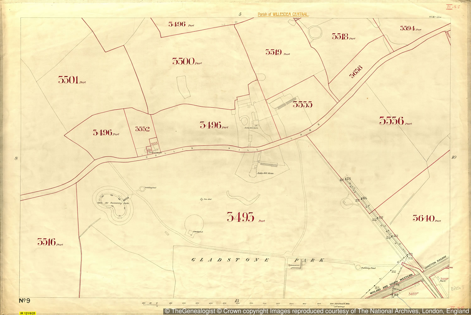IR121 map of Brent detailing Dollis Hill House, Gladstone Park and Dollis Hill Farm to the north of the lane