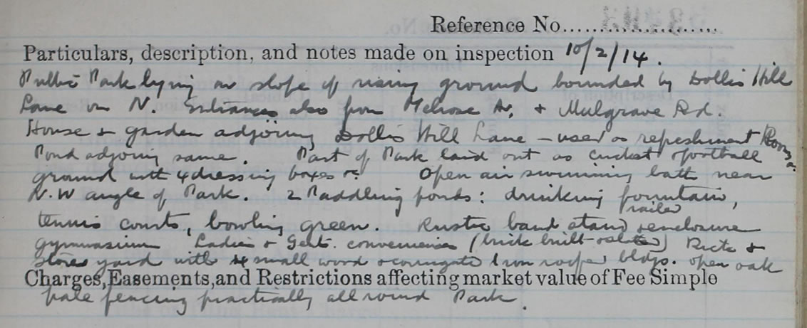 Extract from the IR58 Field Book for Gladstone Park and Dollis Hill House used as "refreshment rooms"
