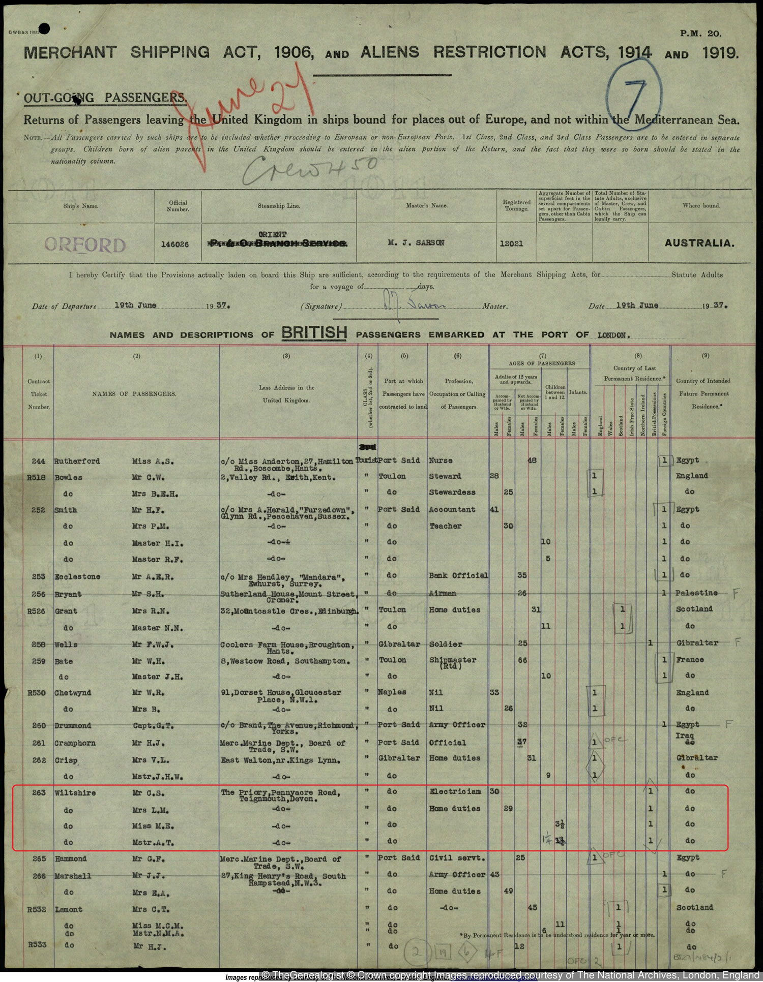 1937 Passenger list on TheGenealogist